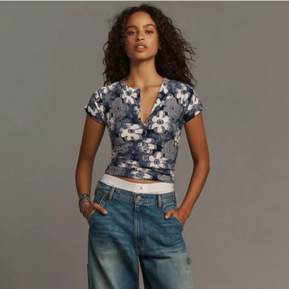Brand New The Andie Ribbed Henley Top by Pilcro: Floral Edition